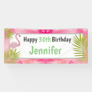 Pink Tropical Flamingo Happy Birthday With Age Banner