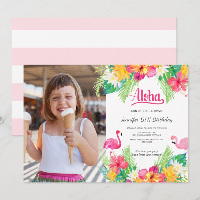 Pink | Tropical Flamingo Luau  Photo Birthday Invitation (Front/Back)