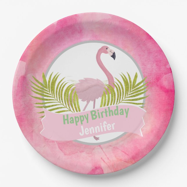 Pink Tropical Flamingo Palm Frond Birthday Paper Plate (Front)