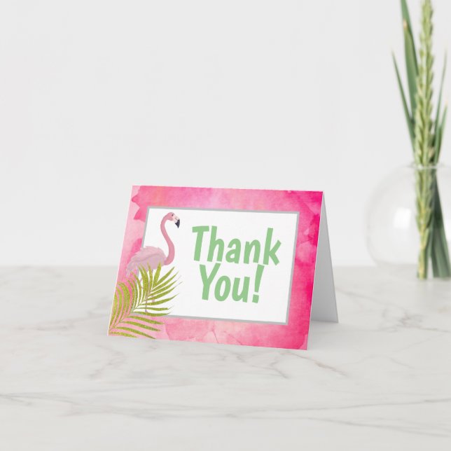 Pink Tropical Flamingo Palm Frond Birthday Party Thank You Card (Front)
