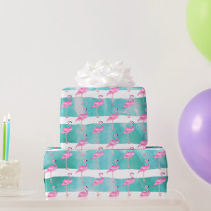 Pink Tropical Flamingo Stripes Cute Birthday Party Wrapping Paper