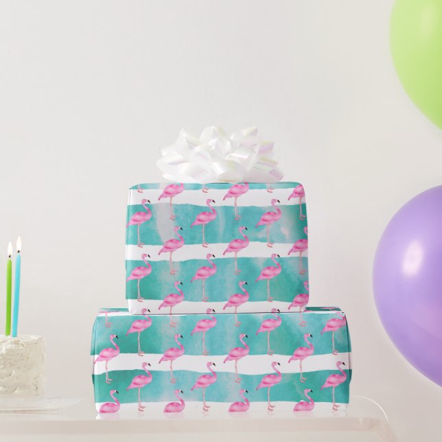 Pink Tropical Flamingo Stripes Cute Birthday Party Wrapping Paper (Party Gifts)