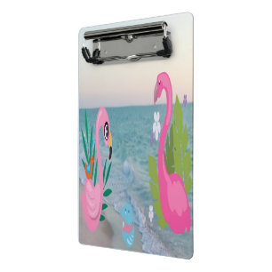 Pink Tropical Flamingos by the Ocean Graphic Mini Clipboard