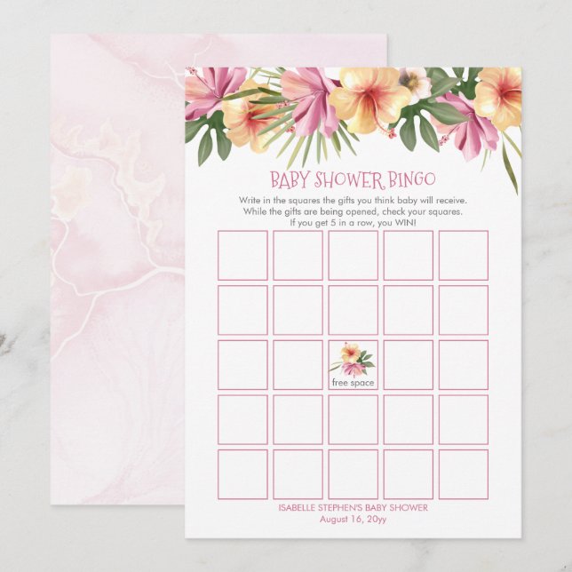 Pink Tropical Floral Blooms Baby Shower Bingo Card (Front/Back)