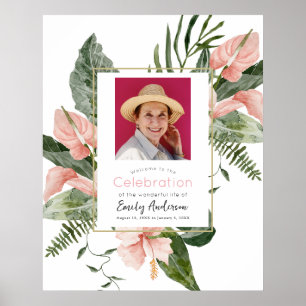 Pink Tropical Floral Celebration of Life Welcome Poster