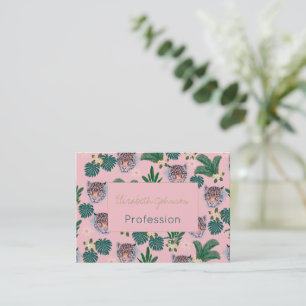 Pink Tropical Floral Foliage and Leopard Faces Business Card
