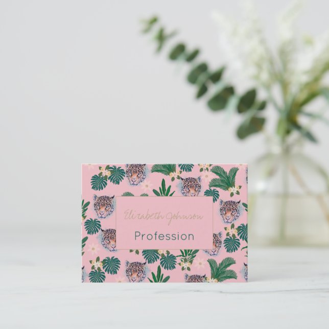 Pink Tropical Floral Foliage and Leopard Faces Business Card (Standing Front)