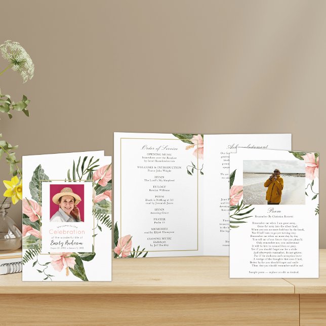 Pink Tropical Floral Funeral Order Of Service Programme (Creator Uploaded)