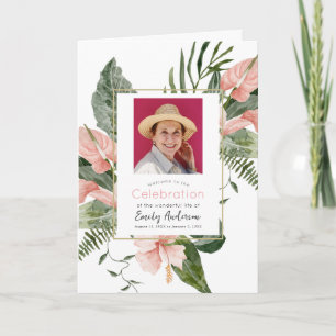 Pink Tropical Floral Funeral Program Invitation
