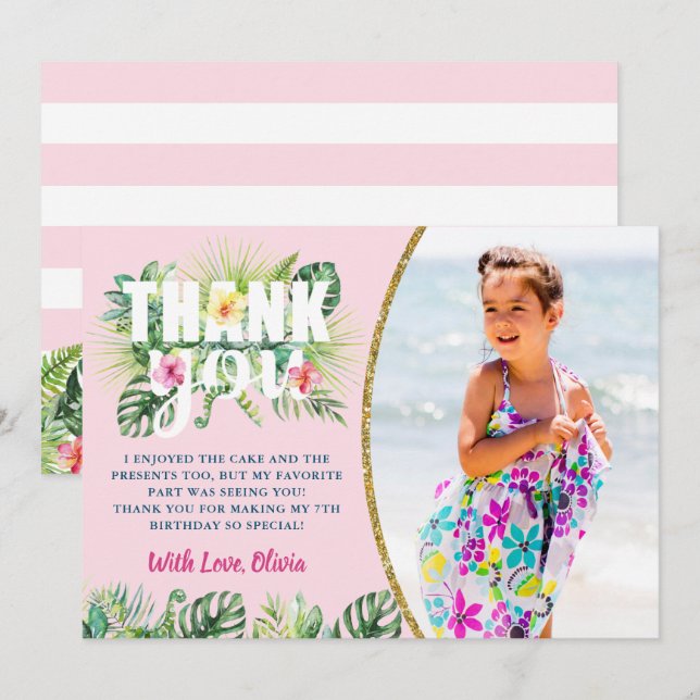 Pink Tropical Floral Girls Beach Party Photo Thank You Card (Front/Back)