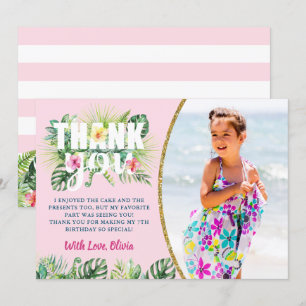Pink Tropical Floral Girls Beach Party Photo Thank You Card