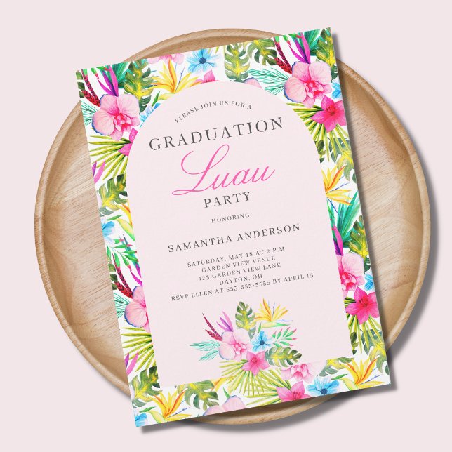 Pink Tropical Floral Graduation Party Invitation (Creator Uploaded)