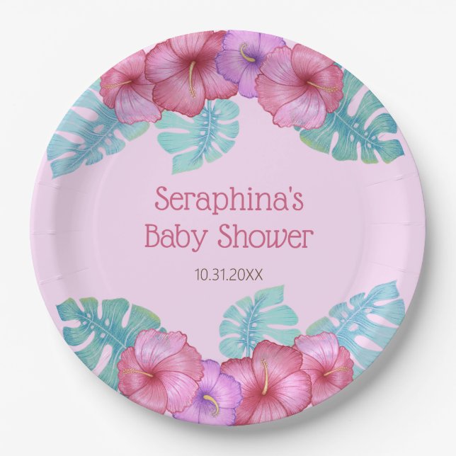 Pink Tropical Floral Hibiscus Baby Shower Paper Pl Plate (Front)
