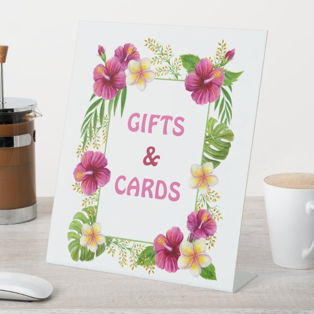 Pink Tropical Floral Luau Birthday Gifts and Cards Pedestal Sign (In SItu)