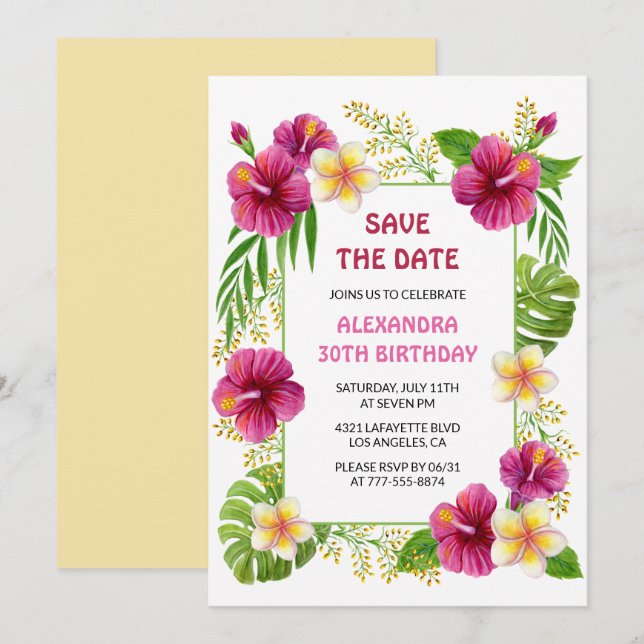 Pink Tropical Floral Luau Birthday Save the date Invitation (Front/Back)