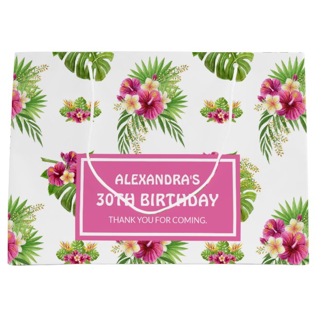 Pink Tropical Floral Luau Party Birthday Large Gift Bag (Front)