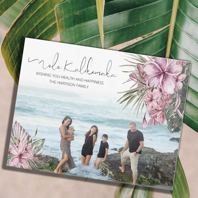Pink Tropical Floral Mele Kalikimaka Christmas Holiday Card (Creator Uploaded)