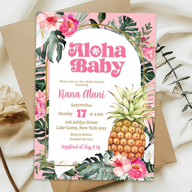 Pink Tropical Floral Pineapple Aloha Baby Shower Invitation (Creator Uploaded)