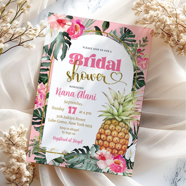Pink Tropical Floral Pineapple Bridal Shower Invitation (Creator Uploaded)