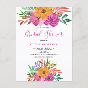 Pink Tropical Floral Watercolor Bridal Shower  Invitation Postcard