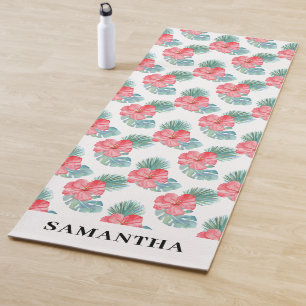 Pink Tropical Floral Watercolor Name Yoga Mat