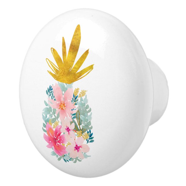 Pink Tropical Flowers and Gold Pineapple Ceramic Knob (Right)