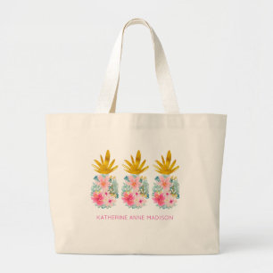 Pink Tropical Flowers and Gold Pineapple Large Tote Bag