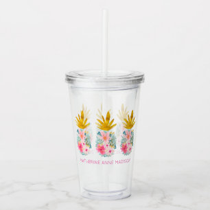 Pink Tropical Flowers and Gold Pineapples Acrylic Tumbler
