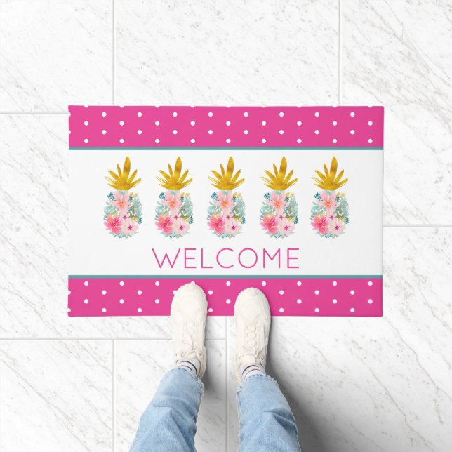 Pink Tropical Flowers and Gold Pineapples Doormat (Indoor)