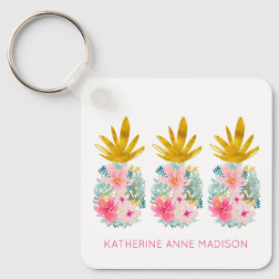 Pink Tropical Flowers and Gold Pineapples Key Ring