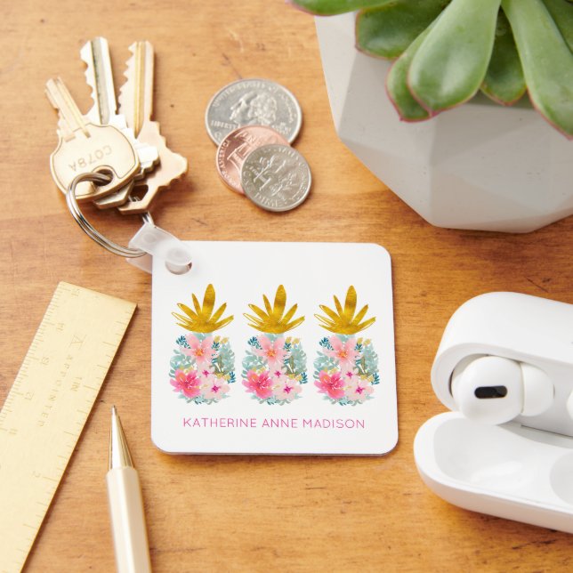 Pink Tropical Flowers and Gold Pineapples Key Ring (Desk)