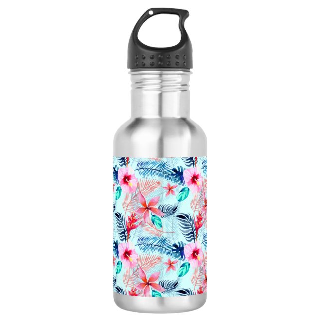 Pink Tropical Flowers Design 532 Ml Water Bottle (Front)