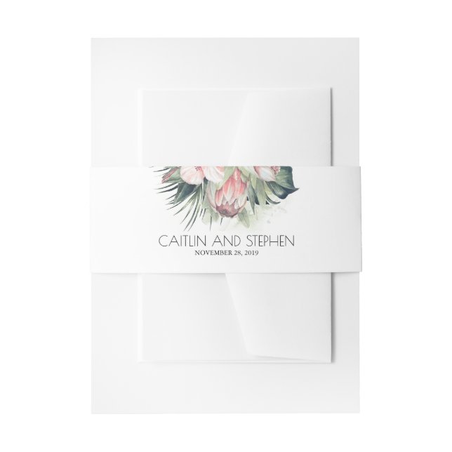 Pink Tropical Flowers Elegant Destination Wedding Invitation Belly Band (Front Example)