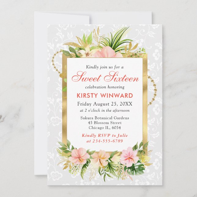 Pink Tropical Flowers Gold Foil Sweet 16 Invitation (Front)