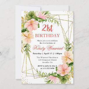Pink Tropical Flowers & Gold Frame 21st Birthday Invitation