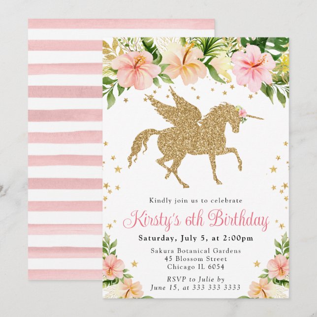 Pink Tropical Flowers Gold Unicorn Birthday Party Invitation (Front/Back)