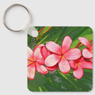 Pink Tropical Frangipani Art Key Ring