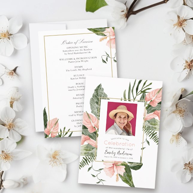 Pink Tropical Funeral Order Of Service Program Invitation (Creator Uploaded)