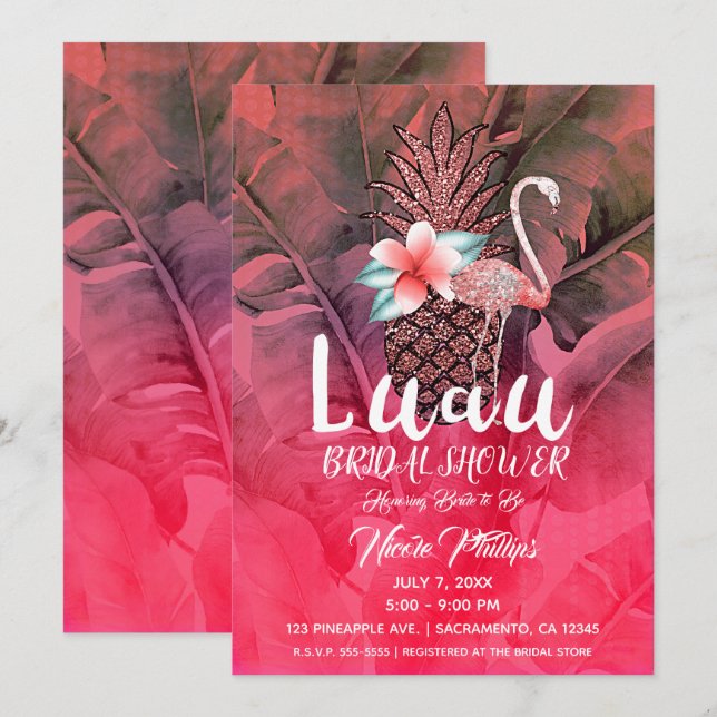 Pink Tropical Glitter Pineapple Luau Bridal Shower Invitation (Front/Back)