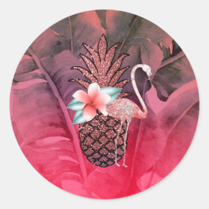 Pink Tropical Glitter Pineapple Luau Party Classic Round Sticker