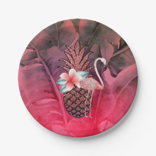 Pink Tropical Glitter Pineapple Luau Party Paper Plate