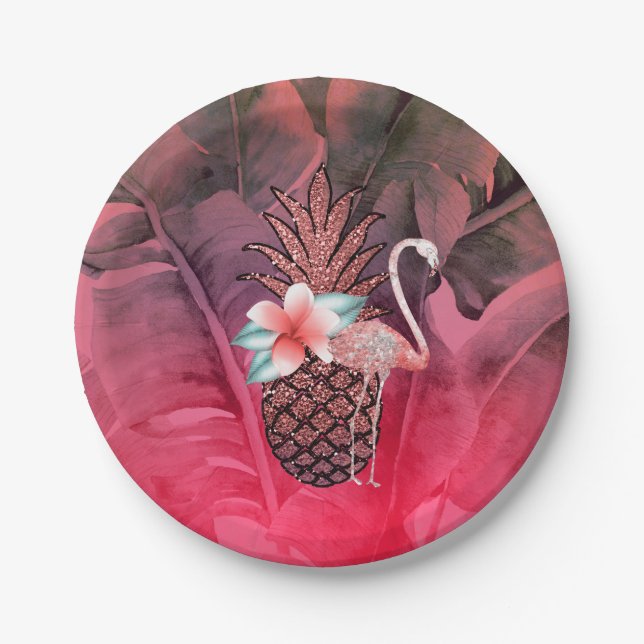 Pink Tropical Glitter Pineapple Luau Party Paper Plate (Front)