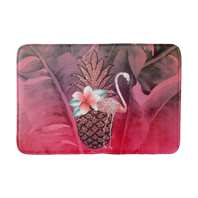 Pink Tropical Glitter Pineapple Palm Leaves Chic Bath Mat (Front)