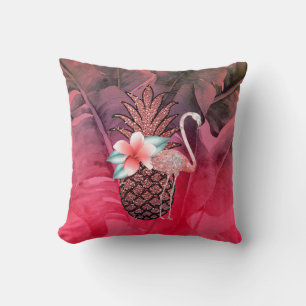 Pink Tropical Glitter Pineapple Palm Leaves Chic Cushion