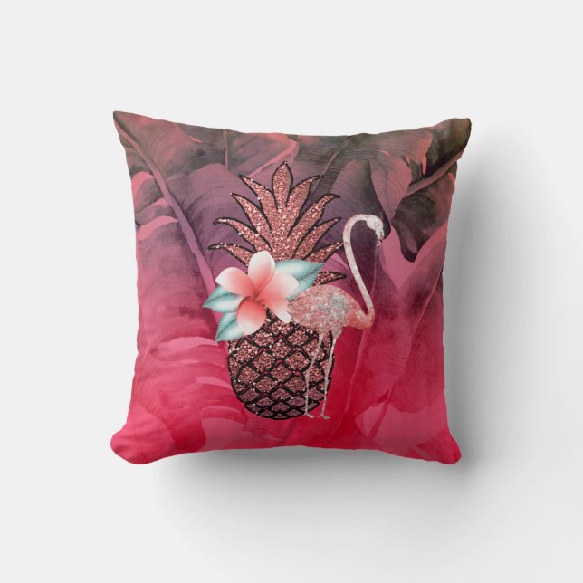 Pink Tropical Glitter Pineapple Palm Leaves Chic Cushion (Front)