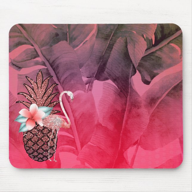 Pink Tropical Glitter Pineapple Palm Leaves Chic Mouse Mat (Front)