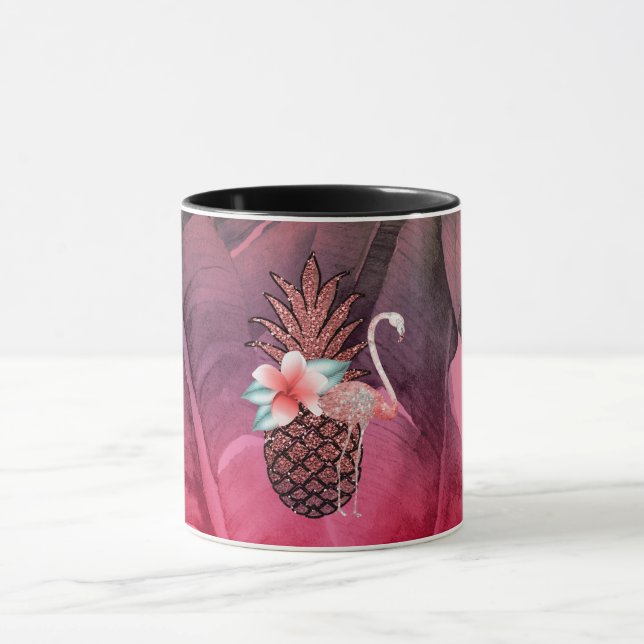 Pink Tropical Glitter Pineapple Palm Leaves Chic Mug (Center)