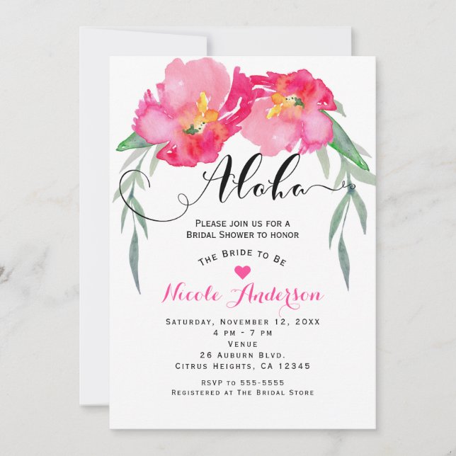 Pink Tropical Green Leaf Vine Floral Aloha Party Invitation (Front)
