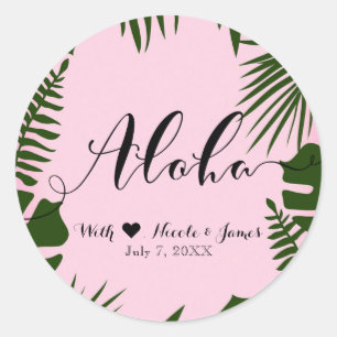 Pink Tropical Green Leaves Beach Wedding ALOHA Classic Round Sticker