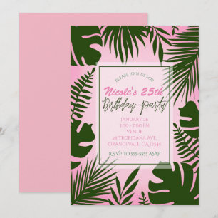 Pink Tropical Green Leaves Summer Birthday Party Invitation